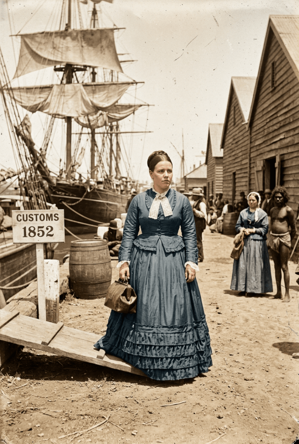 Woman in 1850s dress standing near customs dock sign and sailing ships