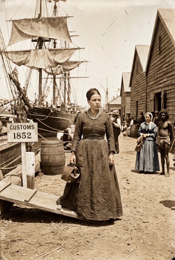 Woman in 1850s dress standing near customs dock sign and sailing ships