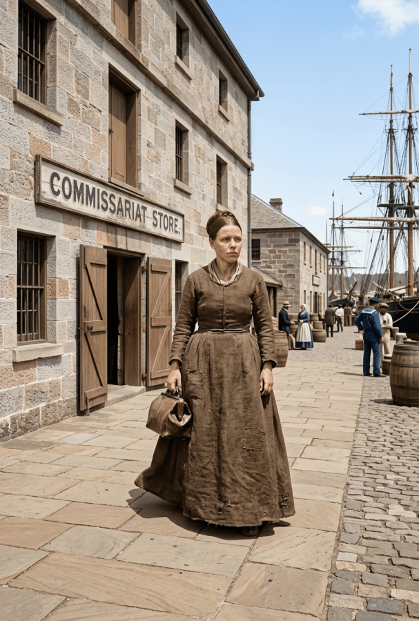 Woman in 1850s dress standing near customs dock sign and sailing ships