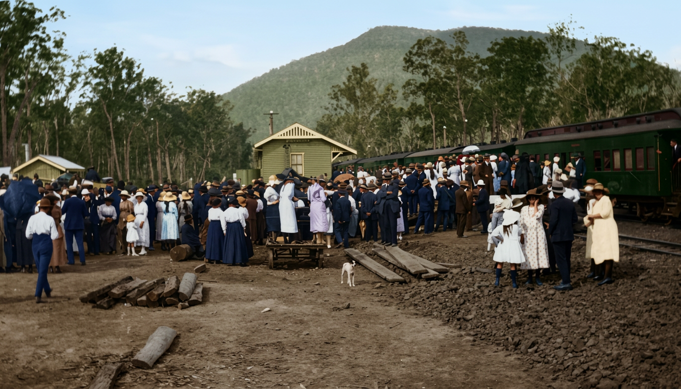 Train arrives for the opening of the Kalbar-Mt. Edwards railway section, ca. 1925